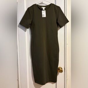 H&M Olive Green Short Sleeve Bodycon Midi Dress Size S
